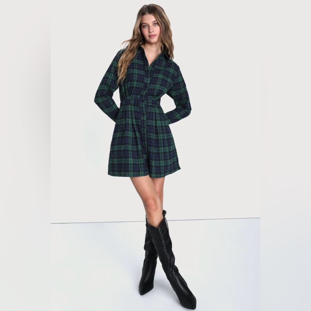 Autumn Ease Green and Navy Plaid Mini
Dress With Pockets - Lulus